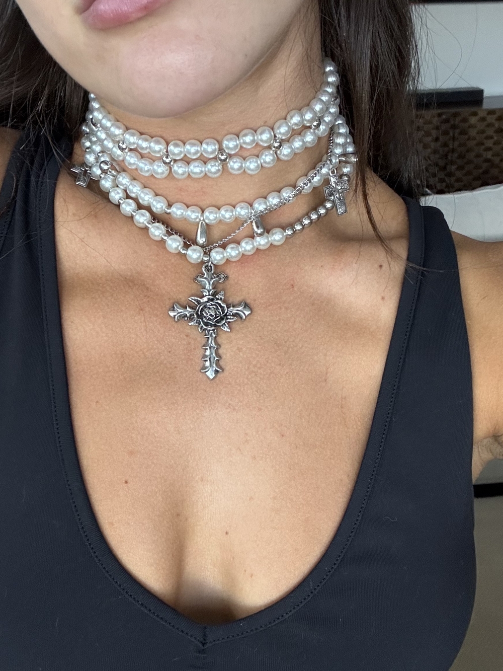 Pearl Multi-Strand Choker Necklace with Silver Cross Pendant